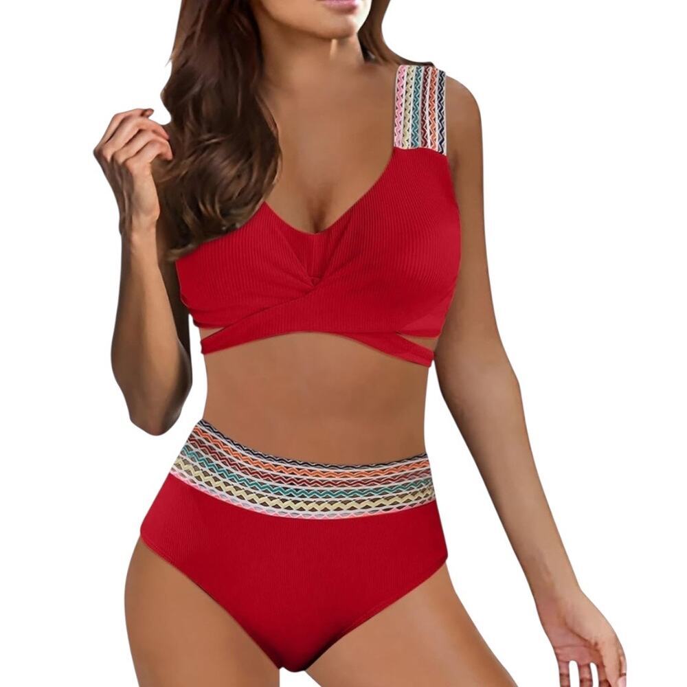 Trendy Red Ribbed High-Waist Slimming Bikini Set – Colorblock Trim | Size XL‎